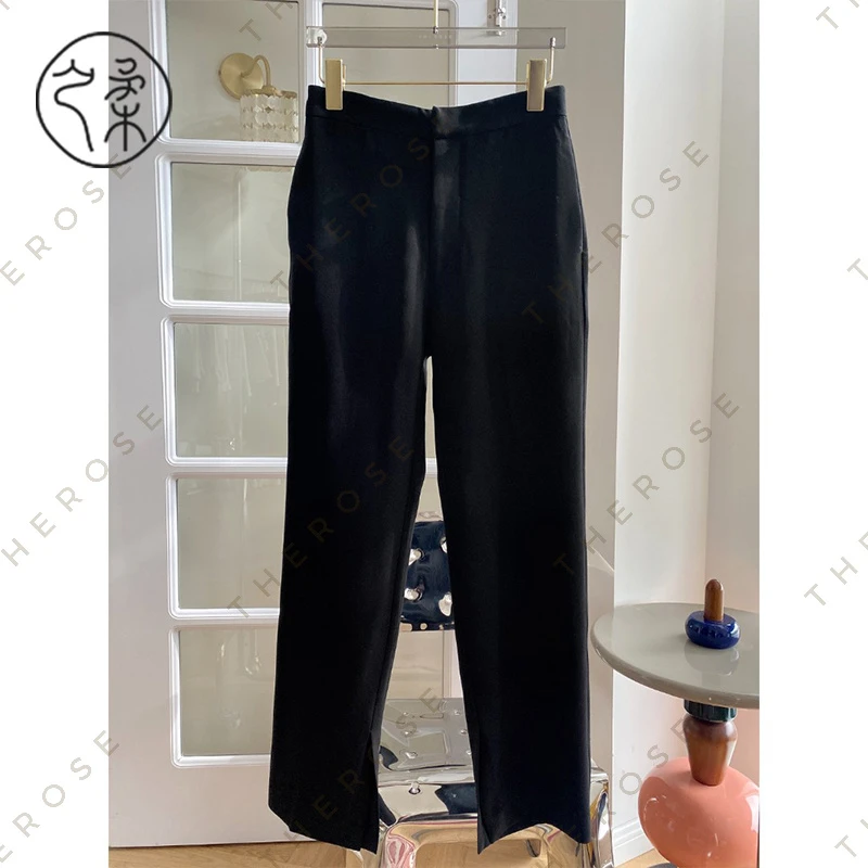 之柔【肯豆裤】麻纱感醋酸经典小直筒时尚内开叉女士西裤显瘦