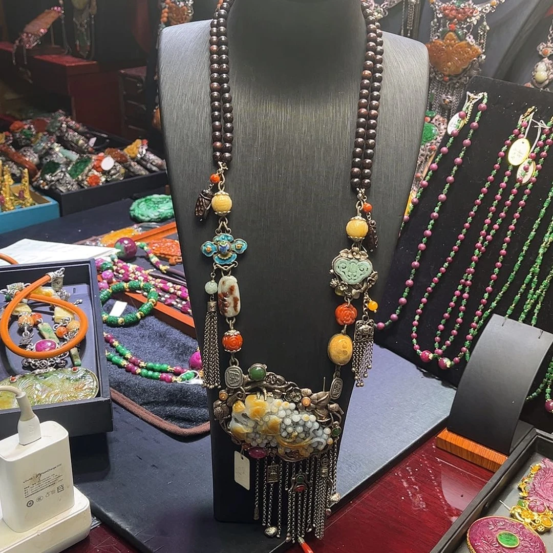 翡翠银S925镶嵌套链翡翠多宝项链套装