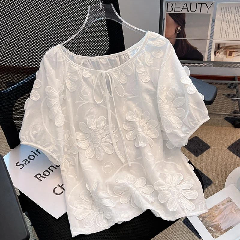 重工立体花朵系带短袖白色衬衫女2025夏季新款气质显瘦外穿上衣服