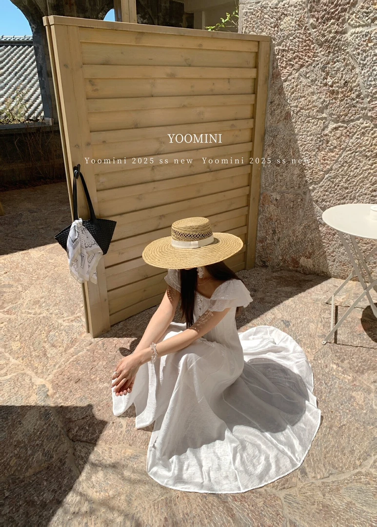 18110 法式优雅复古天丝亚麻提花压褶收腰a字连衣裙