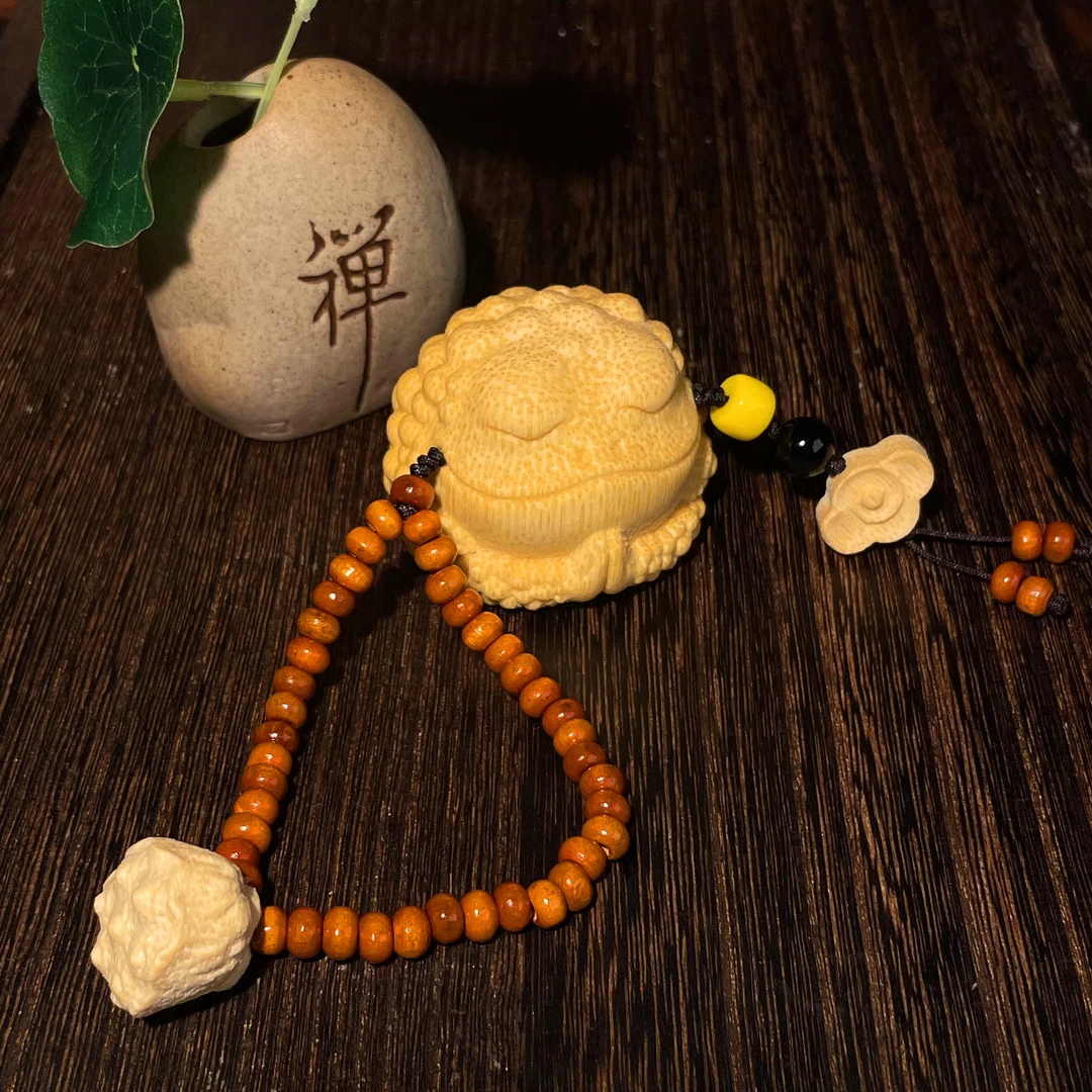 【御泓轩】悟道金蟾带莲蓬橄榄链配饰 直径4.0左右 实心竹雕刻精品