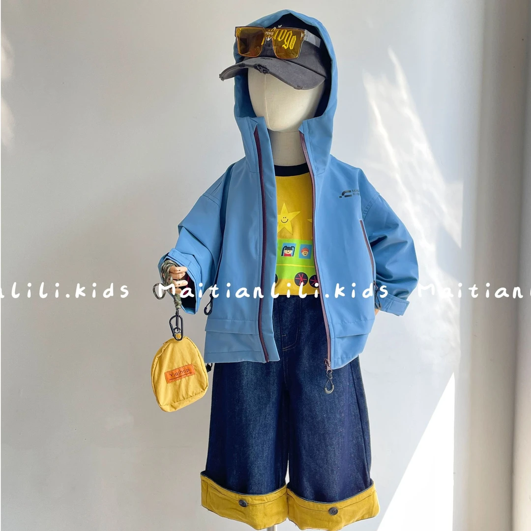 麦田里里.男童冲锋衣儿童秋季连帽宽松运动户外三防外套