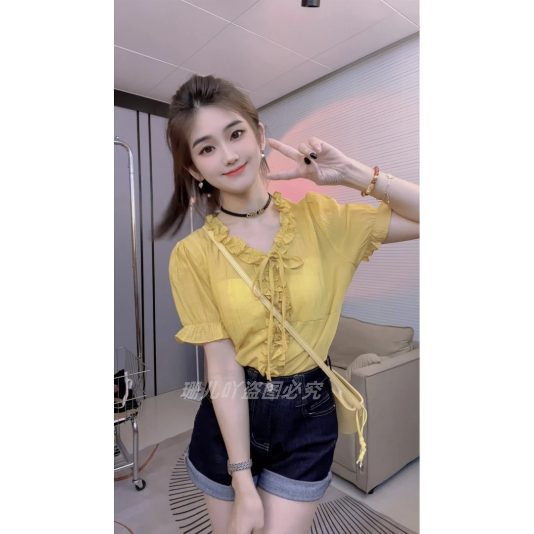 韩系小个子甜美风宽松V领泡泡袖上衣女日常通勤百搭衬衣女夏款潮