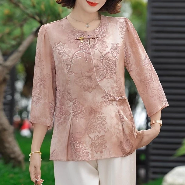 新中式妈妈夏装七分袖雪纺衫2025新款中老年套装女夏宽松上衣服