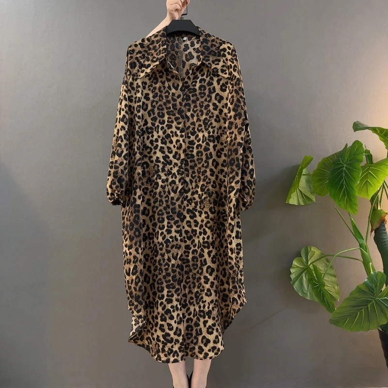 夏季新款显瘦气质印花休闲时尚中长款雪纺复古宽松豹纹连衣裙