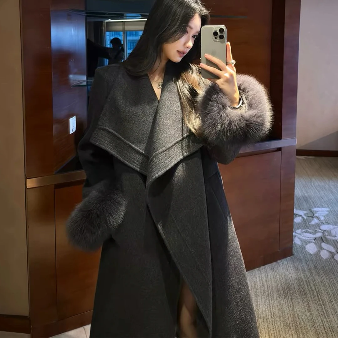 699-G-1-3-2 新款女装高级感狐狸毛袖羊毛双面大衣女深冬加厚外套