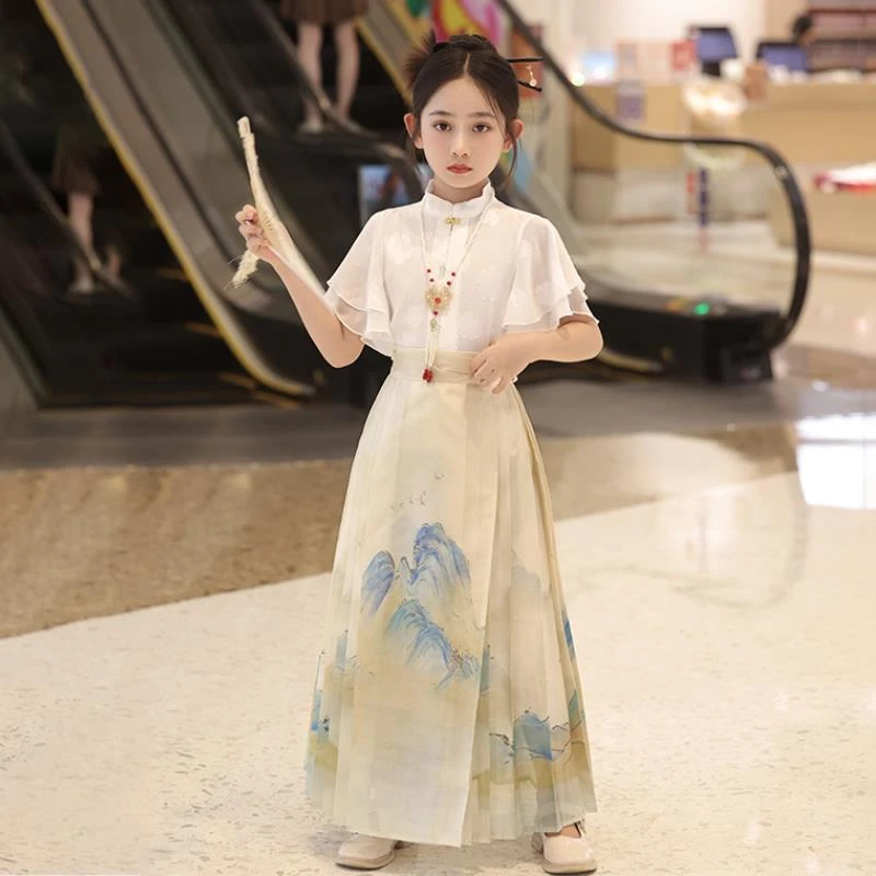 女童马面裙夏季套装2025新款儿童汉服国风女大童新中