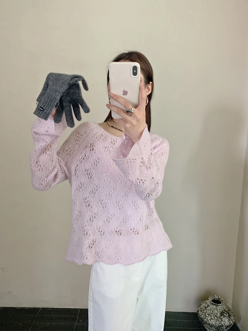 【素简.970181】2025秋冬新款驼羊绒挑洞喇叭袖设计女装针织衫