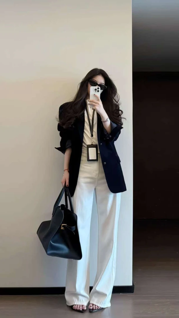 【风语者】今年流行大方得体一整套韩系西装外套阔腿裤盐系轻熟套装