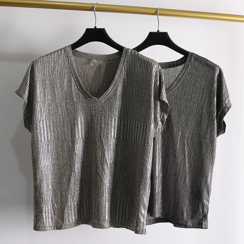 短袖V领T恤女 亮丝针织潮流贝果复古风