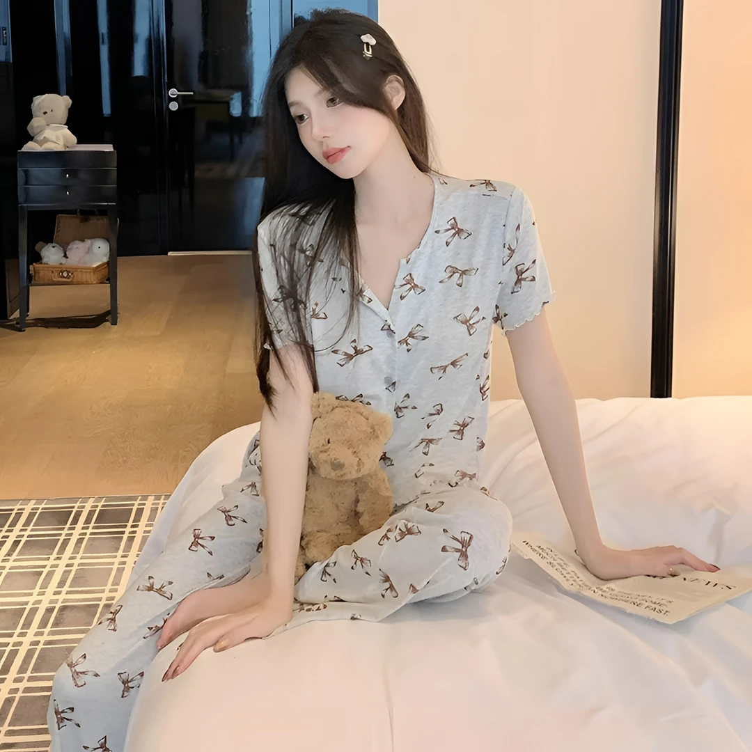 2025亲肤螺纹代尔棉睡衣女夏显瘦蝴蝶V领开衫短袖短裤家居服套装