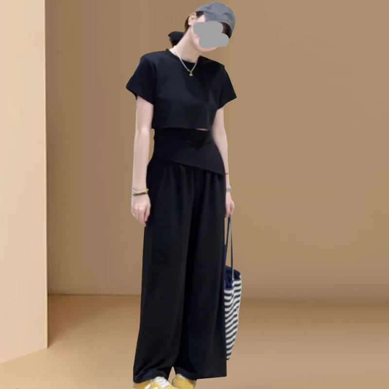 韩系大码女装灰色上衣阔腿裤休闲时尚套装2025新款胖mm显瘦两件套