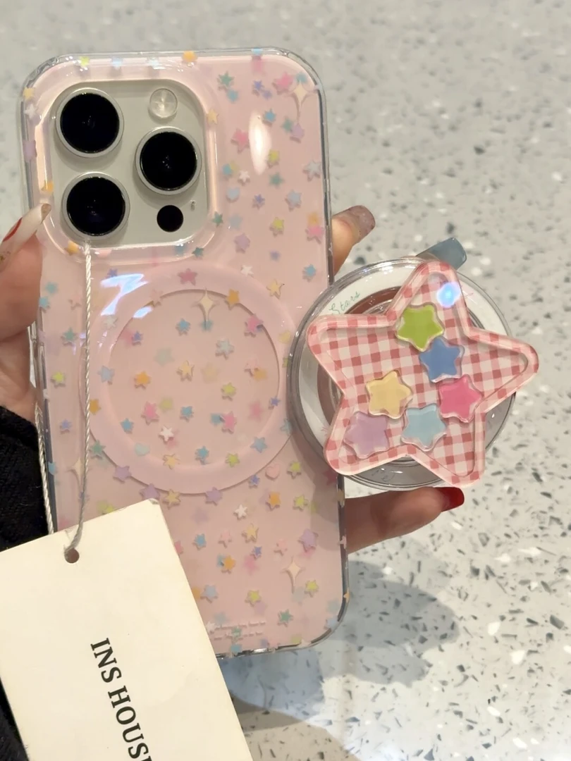 可爱粉底彩色星星适用iphone16promax手机壳苹果15磁吸支架1413女