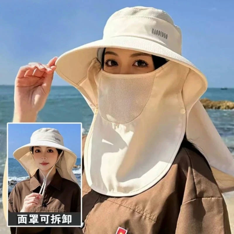 新款户外大檐帽女夏披肩一体渔夫帽遮阳面罩防紫外线骑车太阳帽子