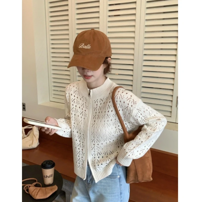 韩系镂空钩花针织开衫外套女2025春秋薄款气质慵懒小香风立领上衣