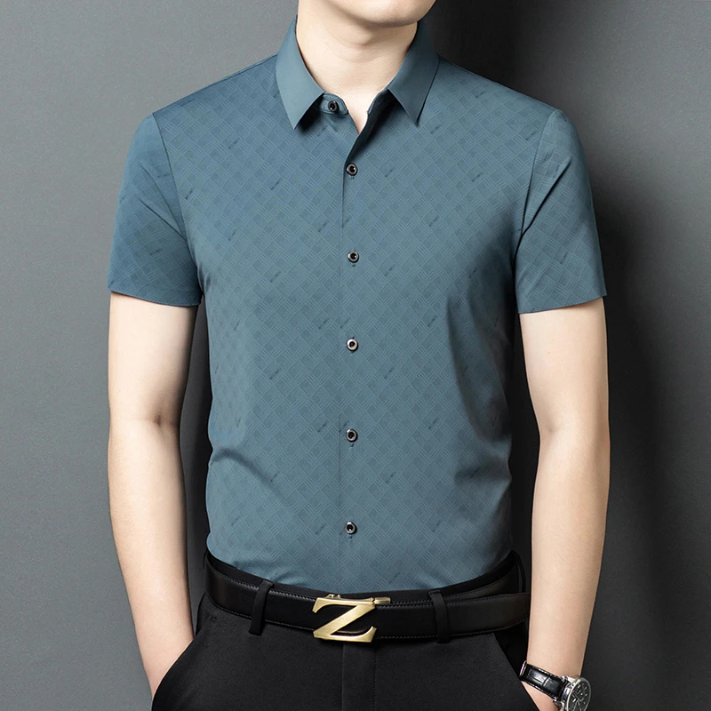 薄款亮面短袖男提花中年男士夏季衬衫男装高档翻领无痕上衣宽松
