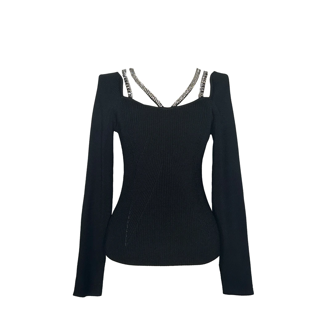 设计师早春高级气质时尚小众高奢百搭修身显瘦黑色上衣  X1870