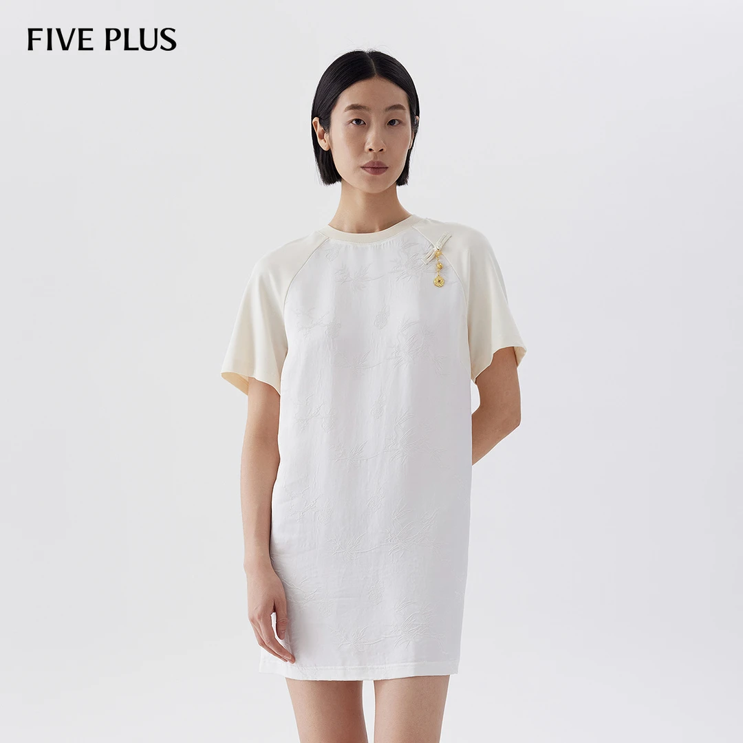 FIVE PLUS夏装连衣裙女新中式国风盘扣提花肌理T恤裙子2LA2087570