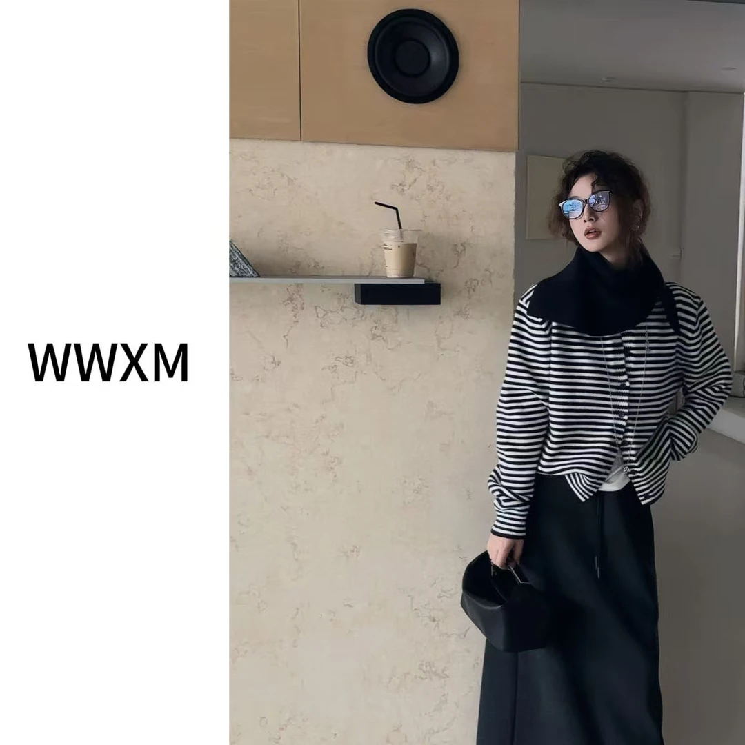 【汪肖肖WWMX】百搭圆堆堆袖领条纹开衫款针织毛针织衫6233