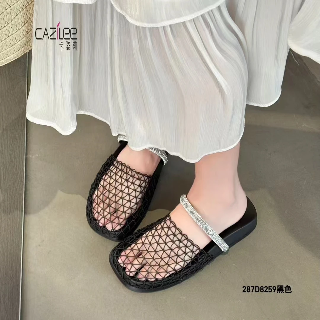 包头渔网镂空夏季平地时尚罗马半拖2025新款小香风