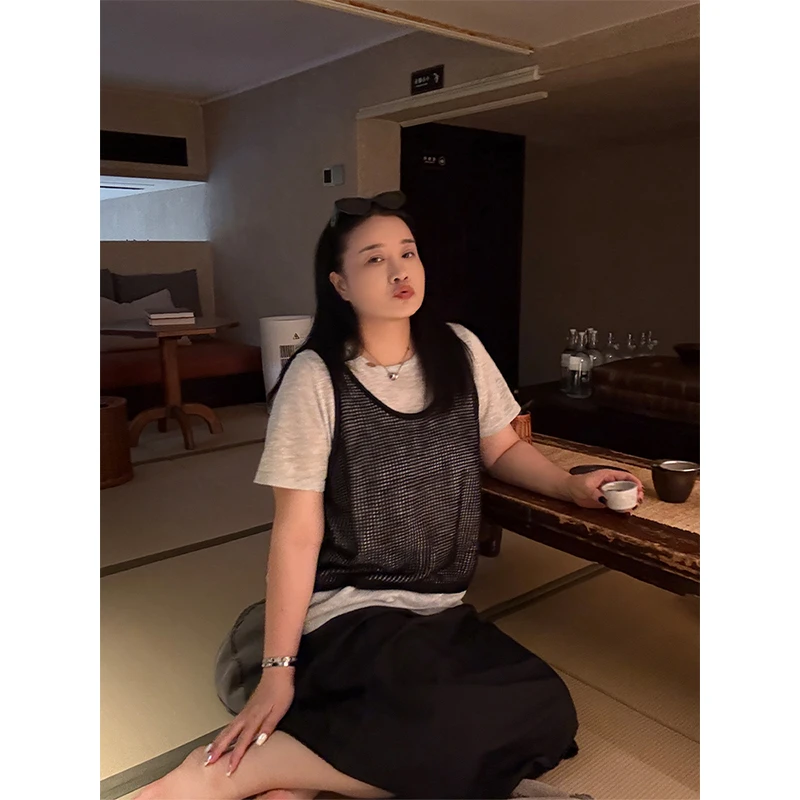 铅笔小鑫大码女装 时髦镂空 针织拼接 假两件T恤