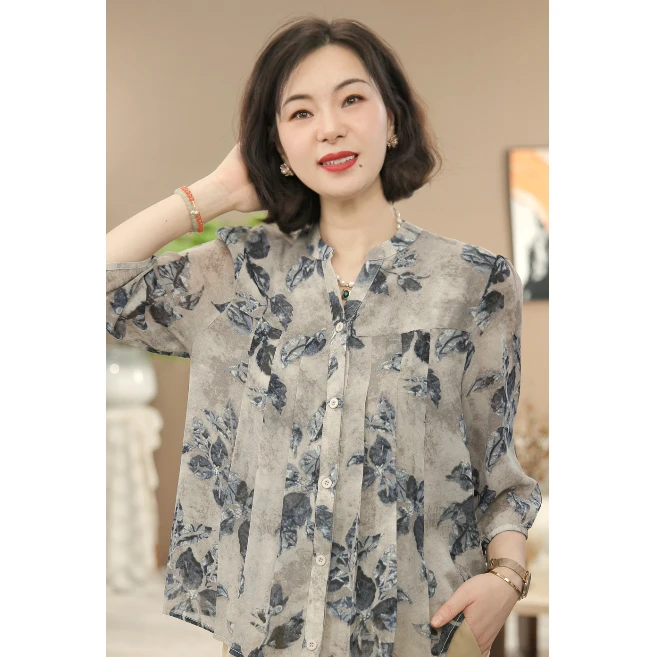 【涧蓝正品】夏季新款减龄印花衬衫女宽松洋气衬衣特色中老年女装