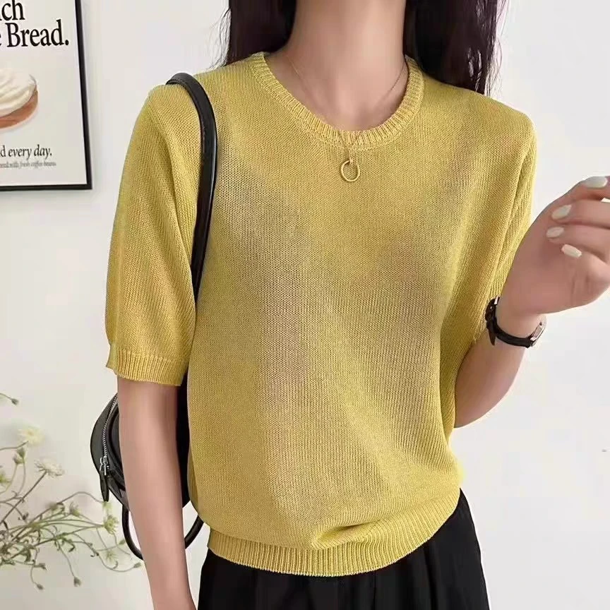 【现货宠粉】新款短袖薄款纯色针织衫时尚女装气质夏季打底T恤透气