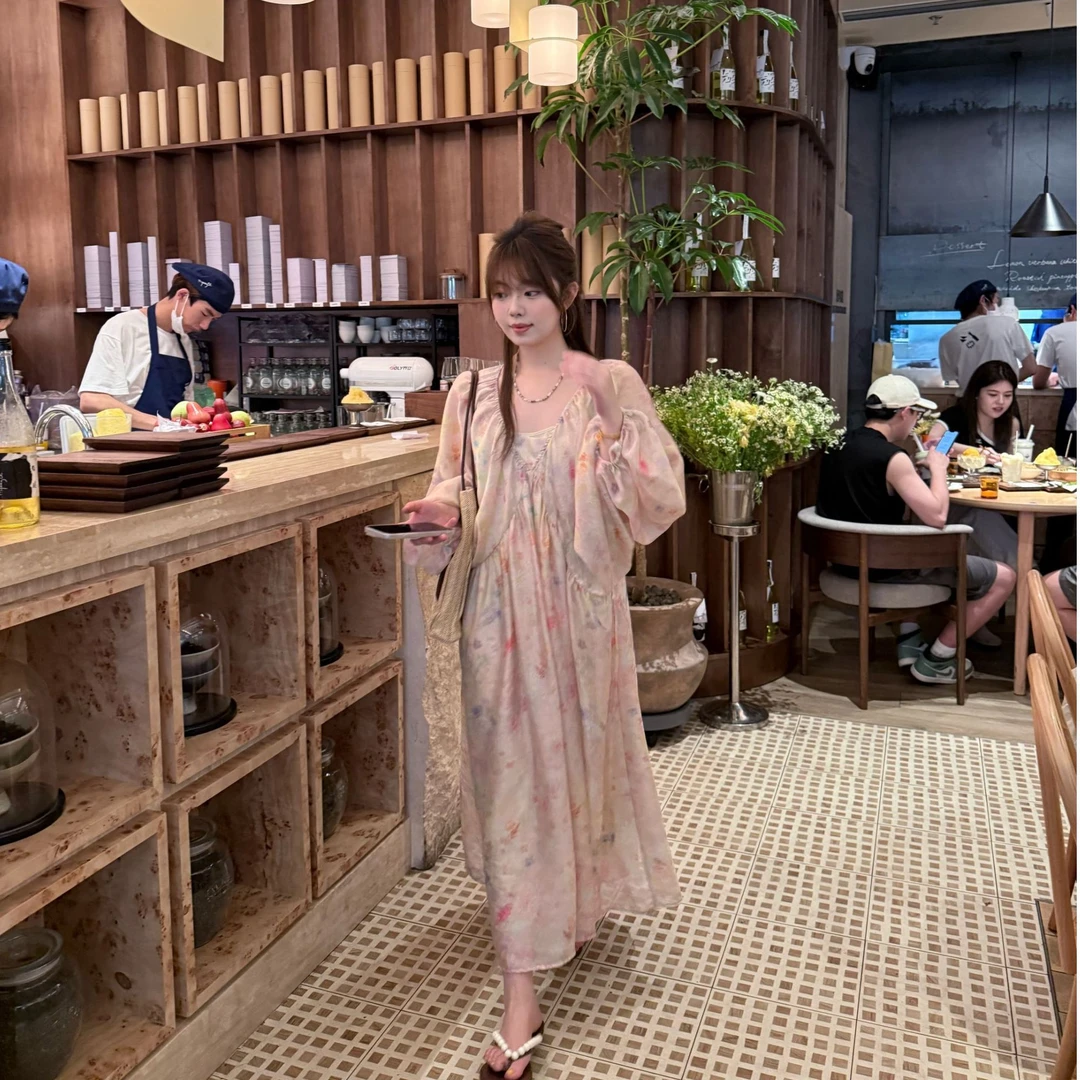 晶咕软软【浮生若梦】法式收腰宽松温柔显瘦彩绘印花V领连衣