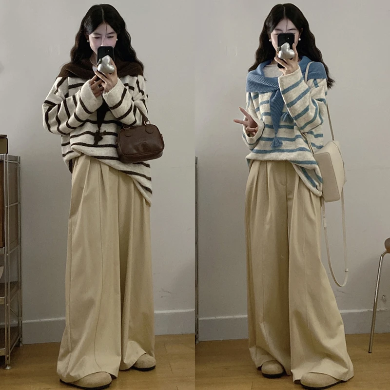 大码胖mm韩系新款披肩撞色条纹圆领针织衫女秋宽松显瘦上衣女