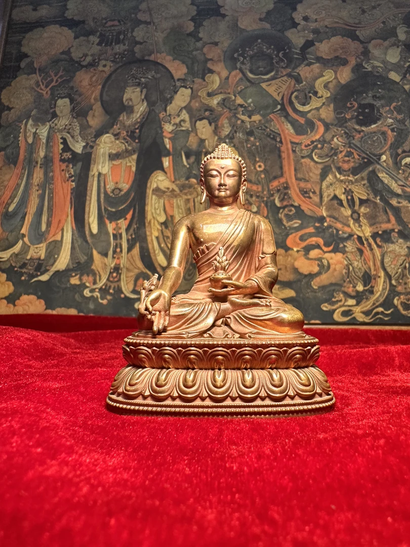 紫铜自然包浆药师佛纯手工錾刻家用佛堂玄关摆件佛像