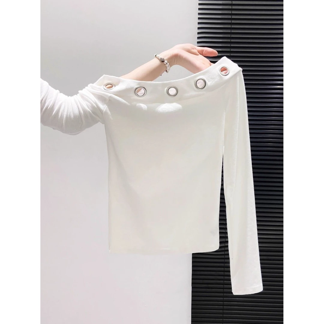 纯欲辣妹设计感一字领露肩长袖t恤女2025秋季新款修身显瘦短上衣