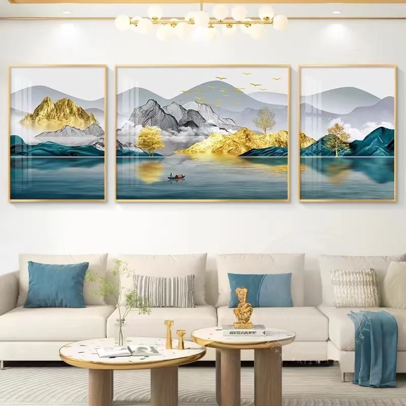 W1383【背靠金山】山水客厅装饰画山水生财三联挂画