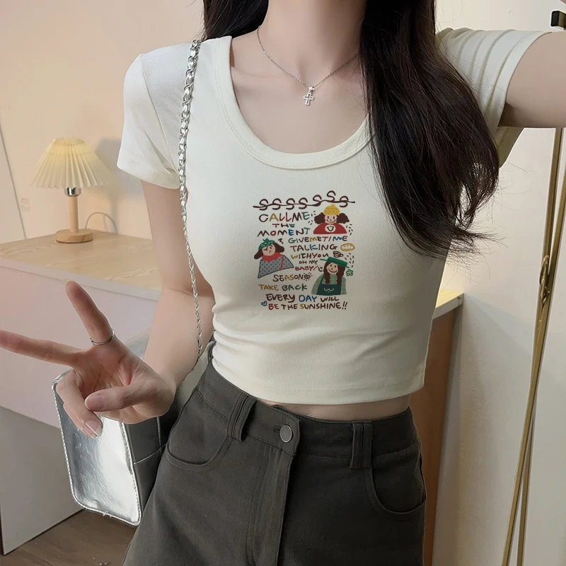 夏季新款甜辣显瘦短款正肩T恤女白色高腰正肩小个子短袖上衣ins