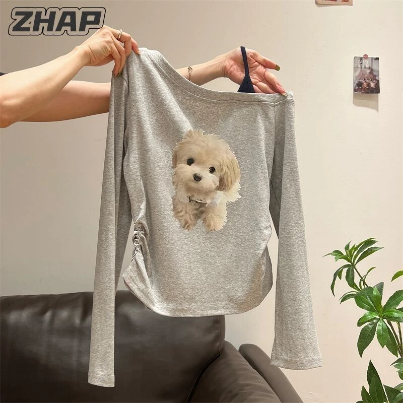 【ZHAP】斜肩吊带长袖t恤女假两件露肩卡通毛绒狗显瘦通勤休闲早秋