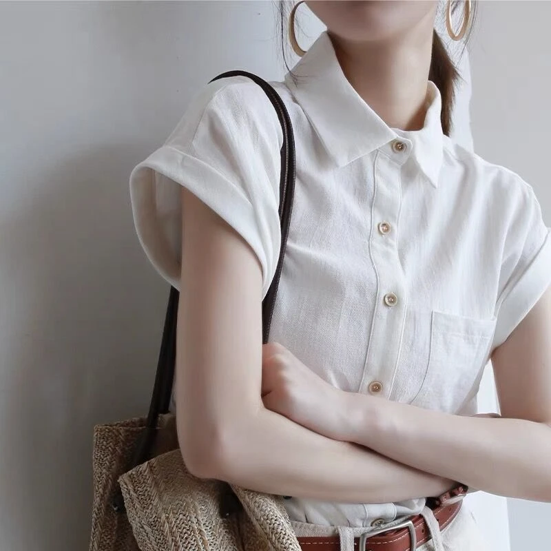 卷边短袖衬衫女夏季高级感法式上衣宽松设计感小众小飞袖雪纺衬衣