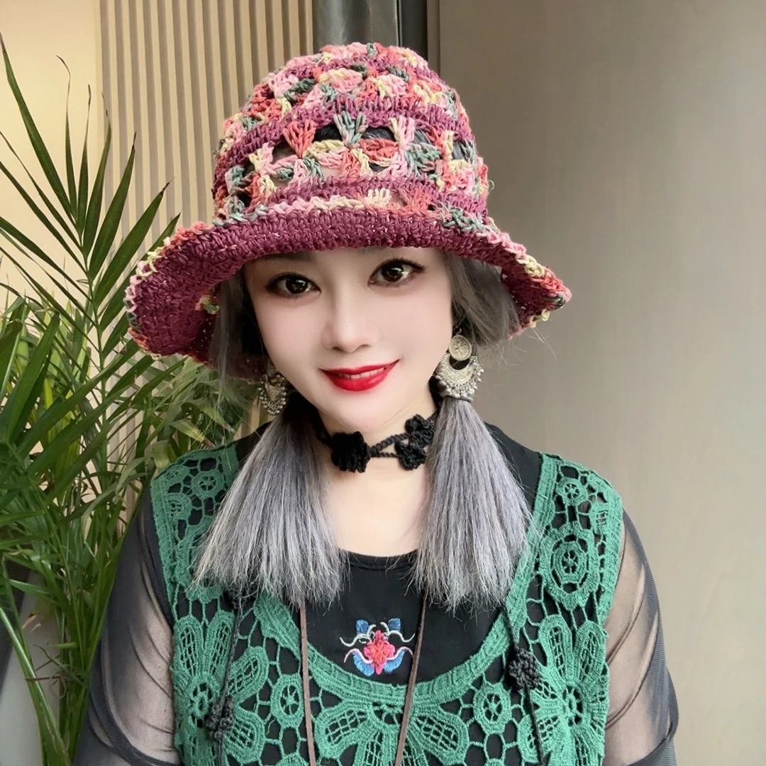夏季拉菲草拼接撞色风车花遮阳帽（不可水洗）