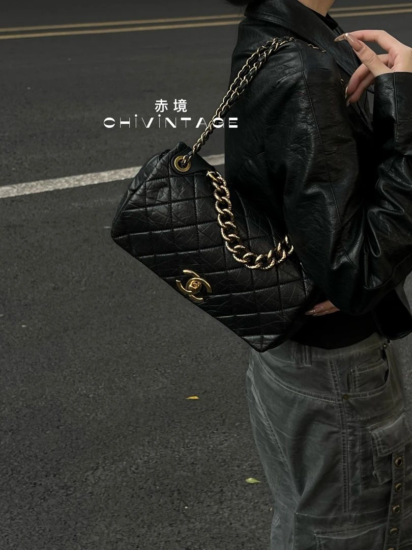 95新 Chanel/香奈儿 3000 黑金油蜡皮熔岩孟买单肩包 中号