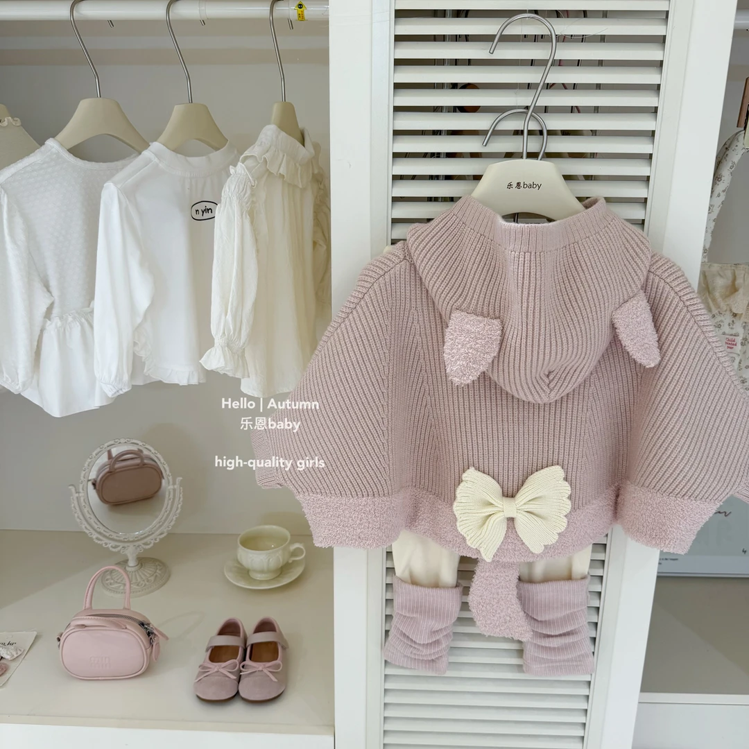 【乐恩童装】原创设计秋冬女童粉色卡通连帽斗篷百搭打底裤两件套