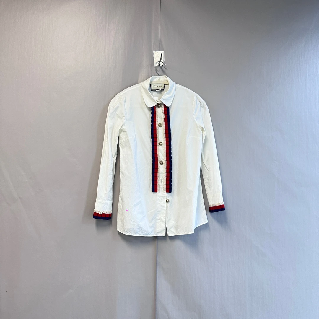 95新 GUCCI/古驰 白色衬衫 经典蓝红蓝织带装饰复古 36码 99新