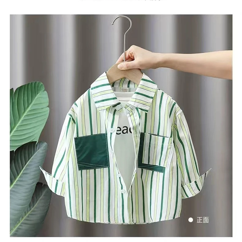 男童条纹衬衫春秋季2025新款儿童韩版洋气秋装上衣宝宝时髦衬衣潮