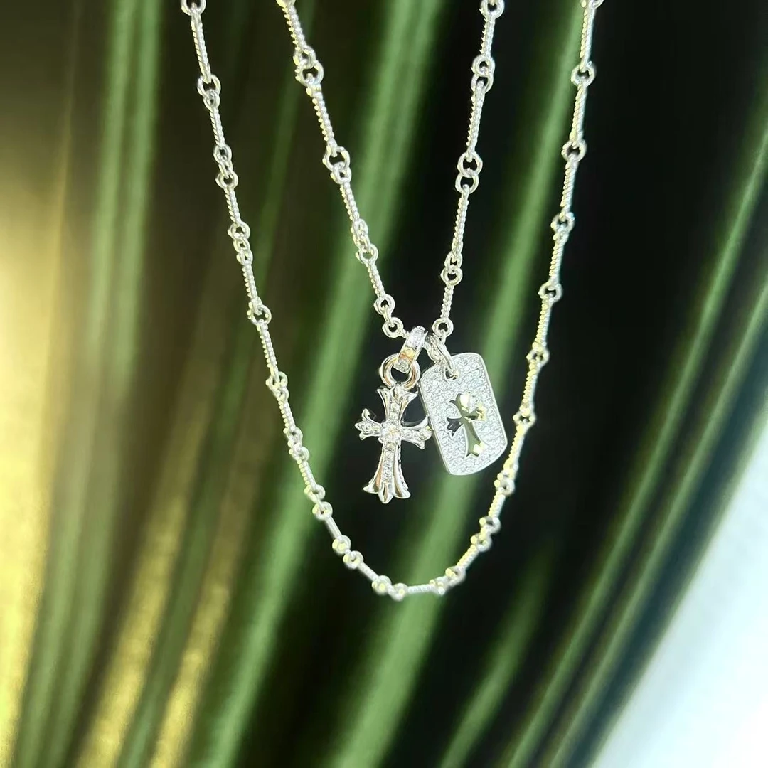 铜合金合成锆石项链 【镂空军牌】双十字架男女潮 新JL