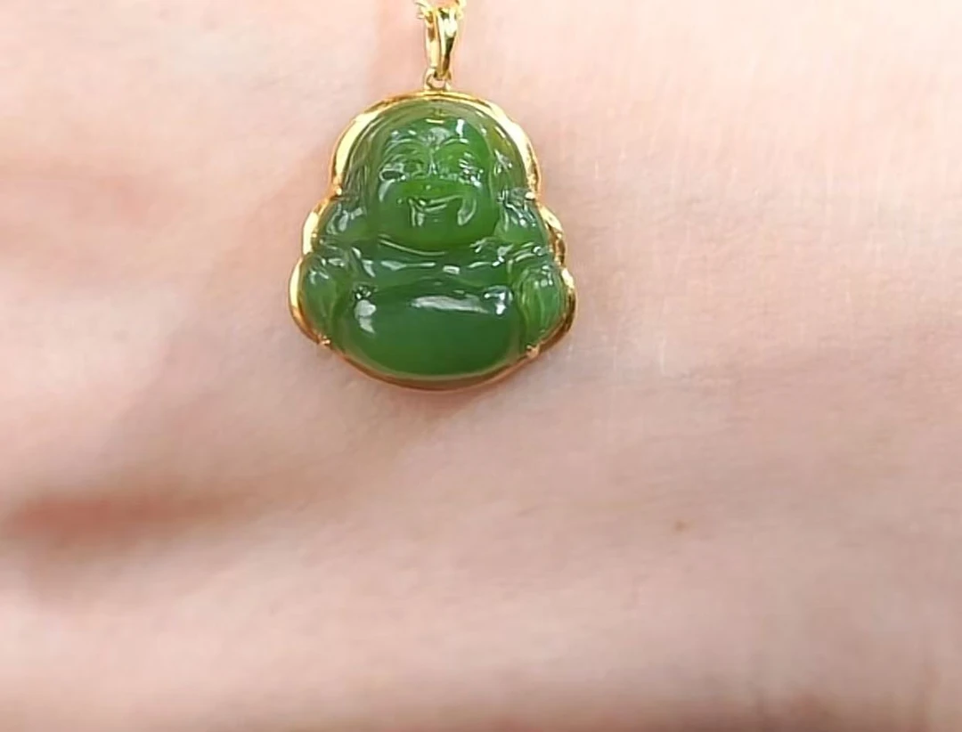 【鹿鸣臻品】18K老料阳绿佛公和田玉吊坠 不含链 Y17 *1564*