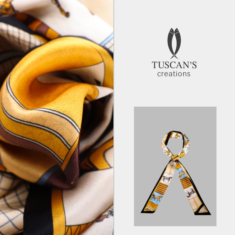 TUSCAN'S CREATIONS复古百搭气质印花拼色窄面桑蚕丝丝巾时代集团