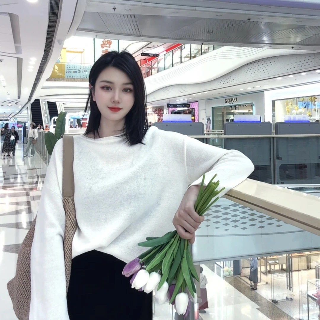 MASIENDI/玛丝恩迪春秋圆领长袖秋冬宽松时尚打底衫74059白色百搭