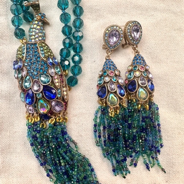 铜合金合成锆石项链 复古重工蓝色孔雀流苏环项链长款民族风套装