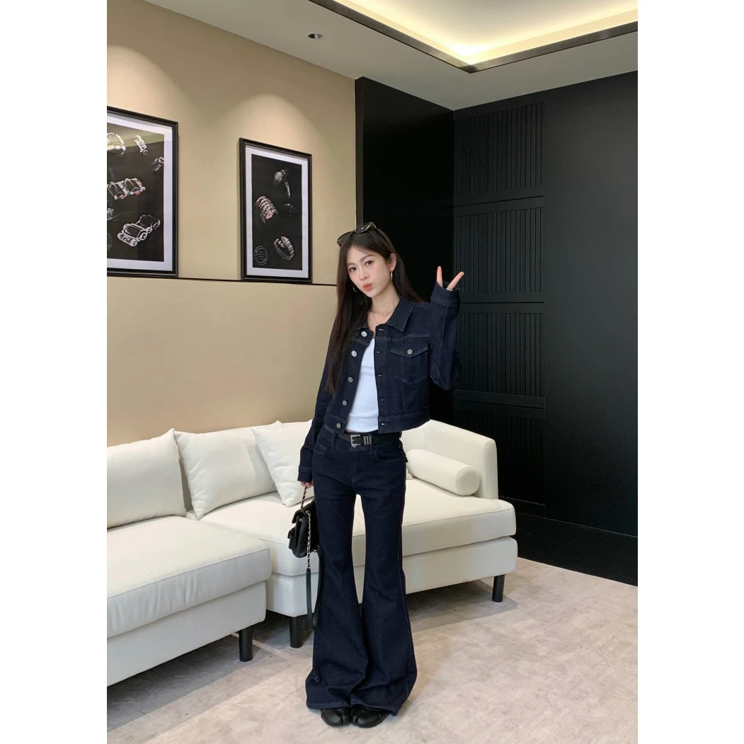 复古水洗翻领长袖夹克外套女秋季牛仔套装美式微喇叭休闲裤两件套