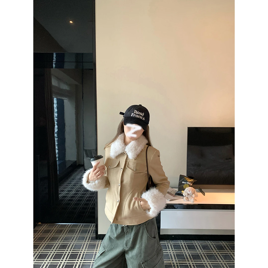 毛呢复古拼毛修身收腰夹克棉服外套气质时尚秋季设计感法式百搭女