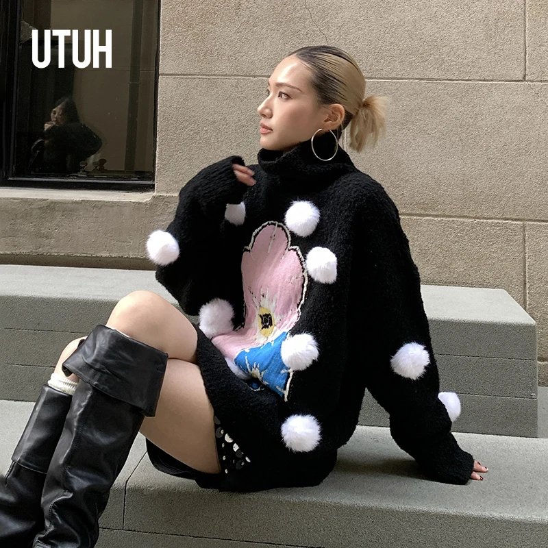 UTUH 黑色高领花朵立体毛球装饰毛绒慵懒感冬季针织衫 TUWFW3Z357