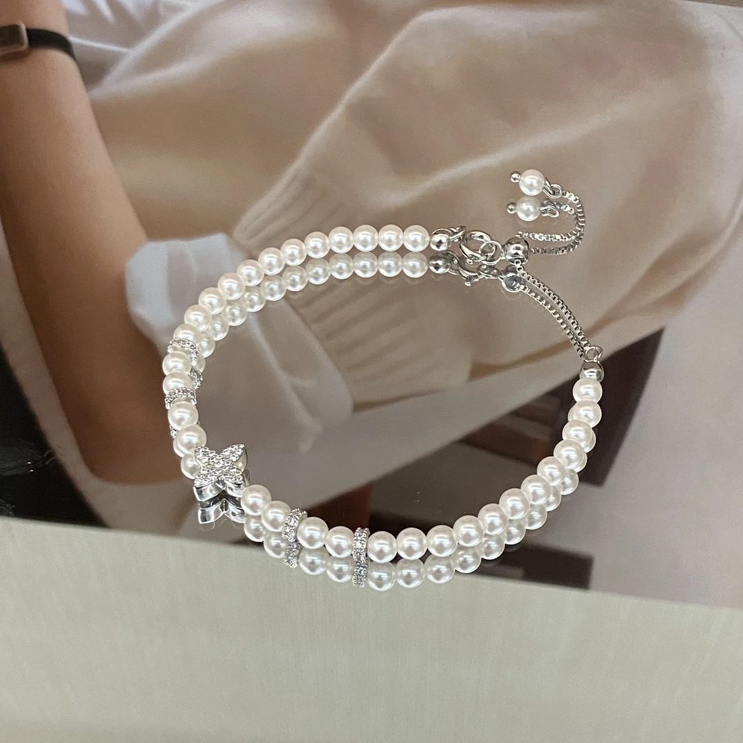 铜合金仿珍珠手链 镀K金 尖花珠珠花花手链S975