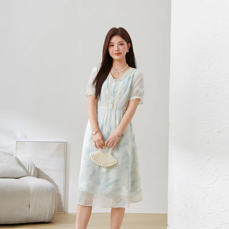 采多宝大码女装高端刺绣彩虹条纹雪纺修身显瘦气质连衣裙 EXQ5258